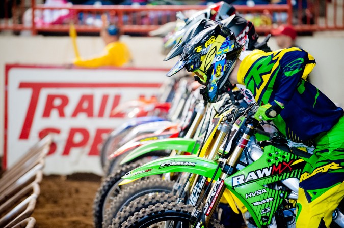 Arenacross racers at the starting gate. Motorama 2015 at the Pennsylvania Farm Show Complex in Harrisburg, Pennsylvania