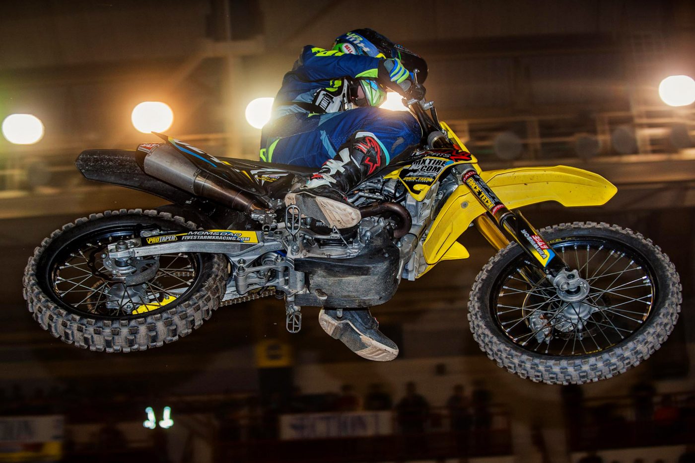 A motorcycle sores over heard in the arenacross races at Motorama 2017. Main Arena Pennsylvania Farm Show Complex, Harrisburg, PA